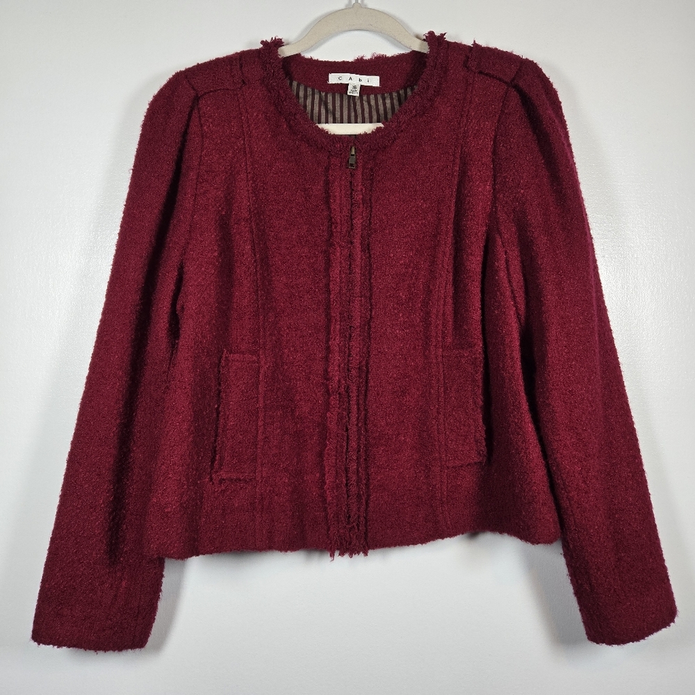CAbi Britt Wool Blend Textured Tweed Zip Up Blazer Jacket Size 16 Deep Red Wine